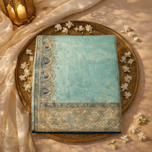 [90517021EU68F5] Elegant Aqua Blue Zari Embroidered Saree