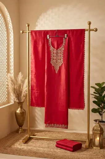 [2609291502] Crimson Red Handloom Silk Unstitched Suit Material Set