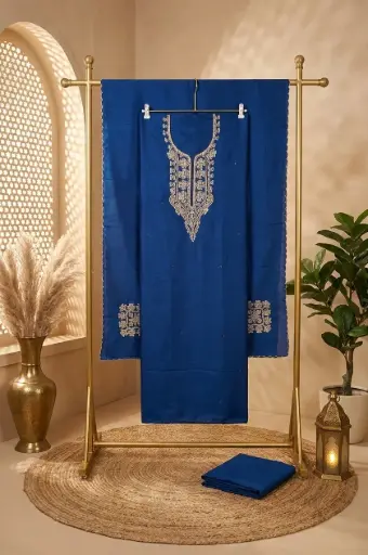 [2609291503] Royal Blue Silk Embroidered Unstitched Suit Material Set