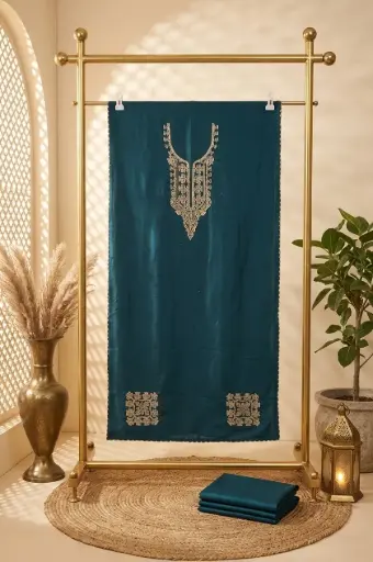 [2609291504] Peacock Blue Silk Unstitched Salwar Suit Dress Material